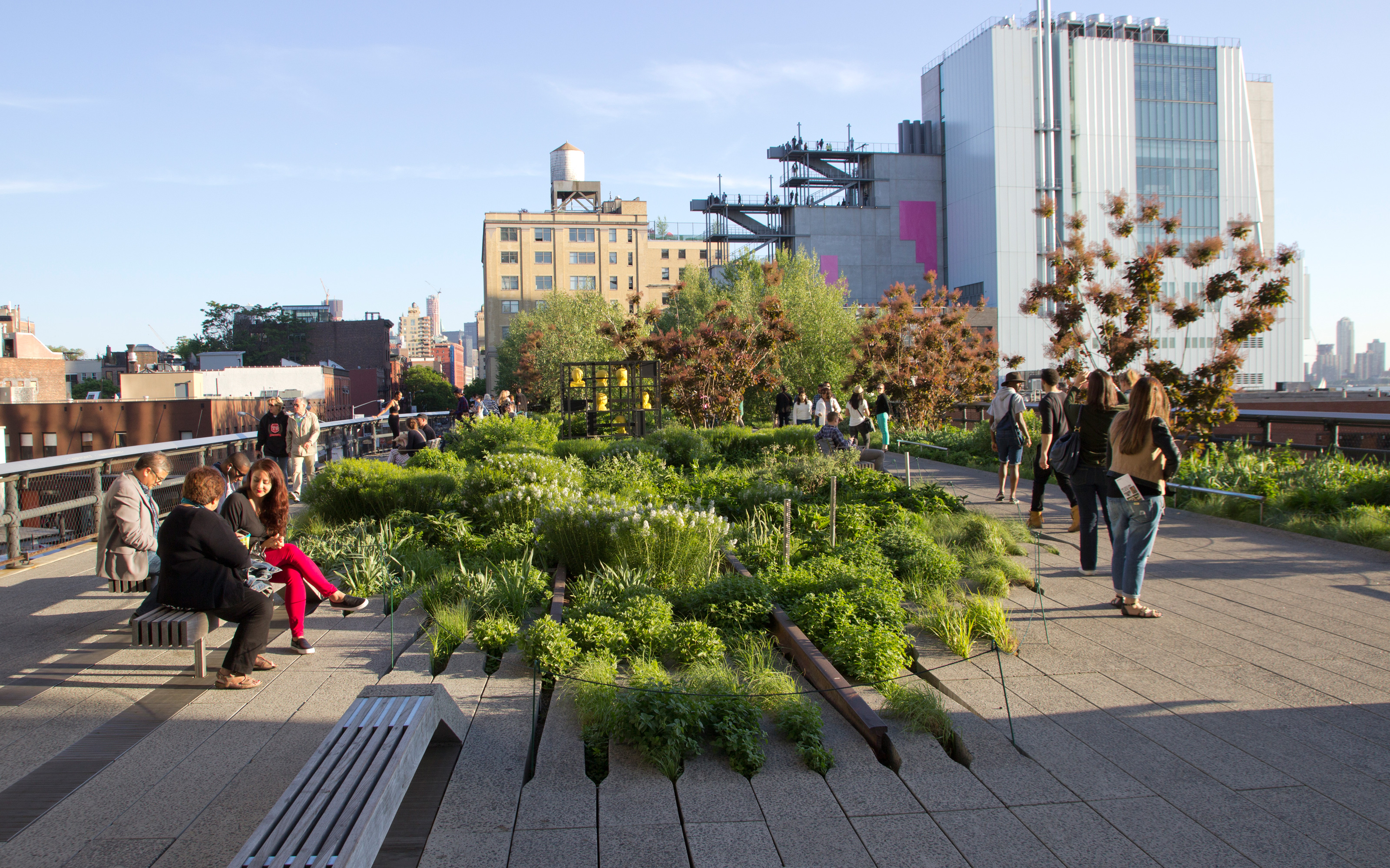 The rails should remain visible in remembrance of the historical origin. The High Line with walkways and vegetated rails